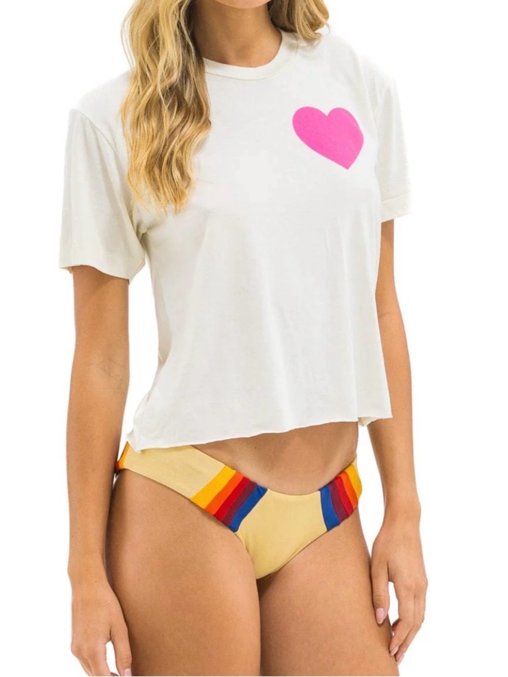 NWT Aviator Nation Heart Print Boyfriend Tee-Vintage White /Neon Pink